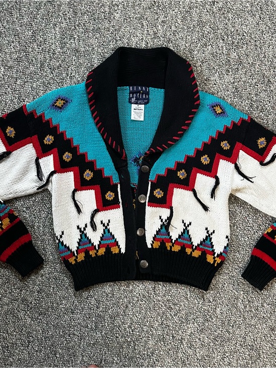 Kenny Rogers Sweaters - Women's Southwestern Patterned Cardigan Sweater - Black & Turquoise
